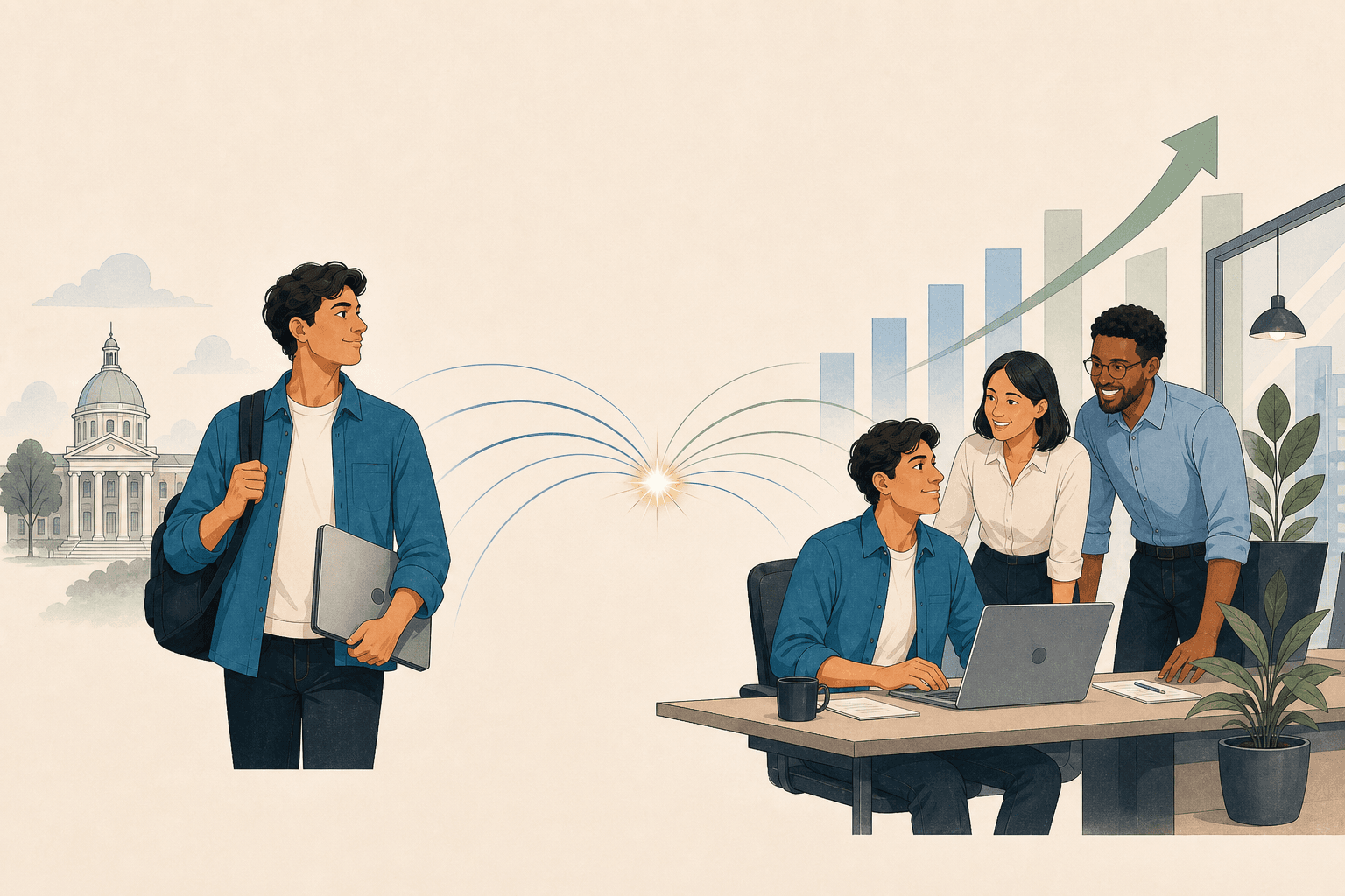 The same student matched into a business team, with colleagues standing over the work