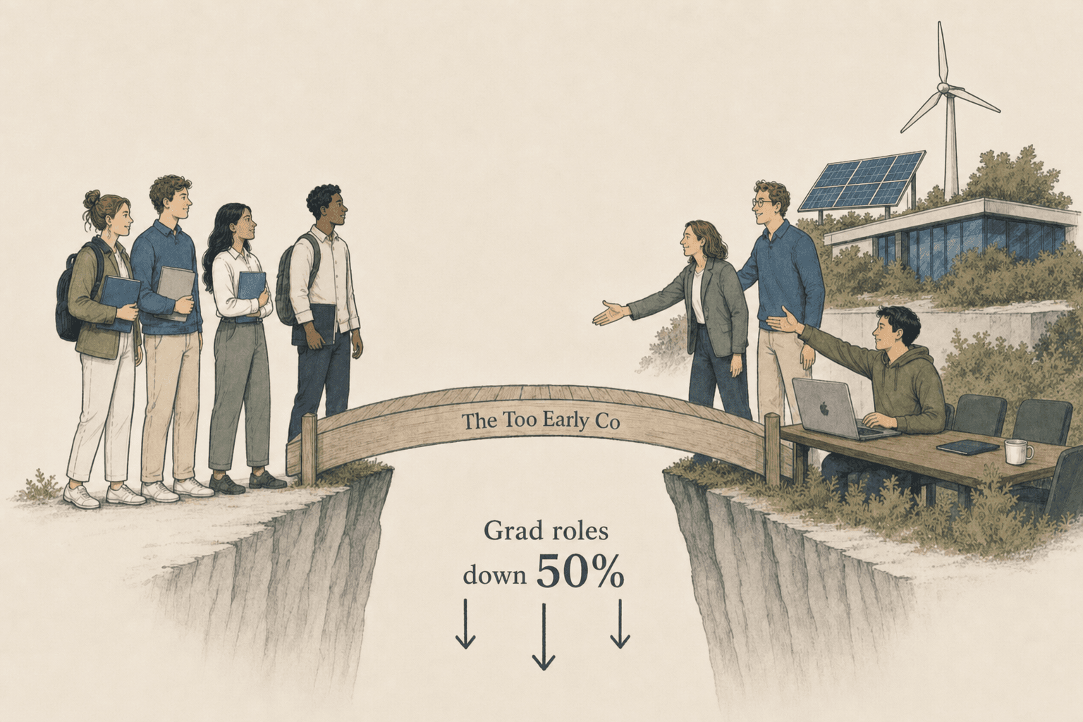 Students and cutting-edge firms linked by The Too Early Co bridge, with grad roles down 50%