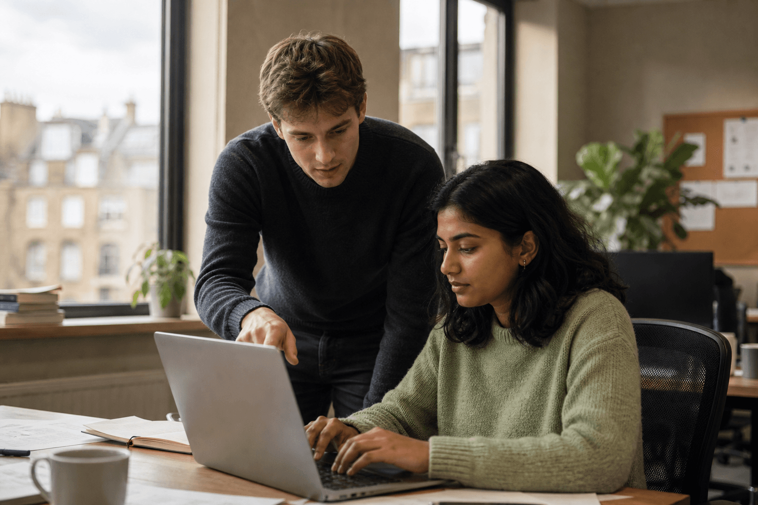 University students collaborating on a project during an internship